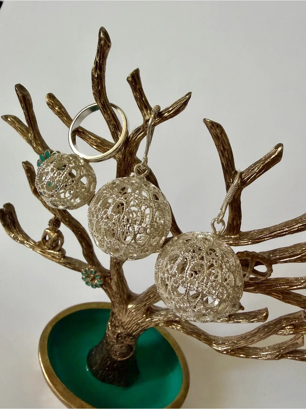 Sterling Silver Ball Filigree Lightweight Dangle Earrings Ring sz 7 Set